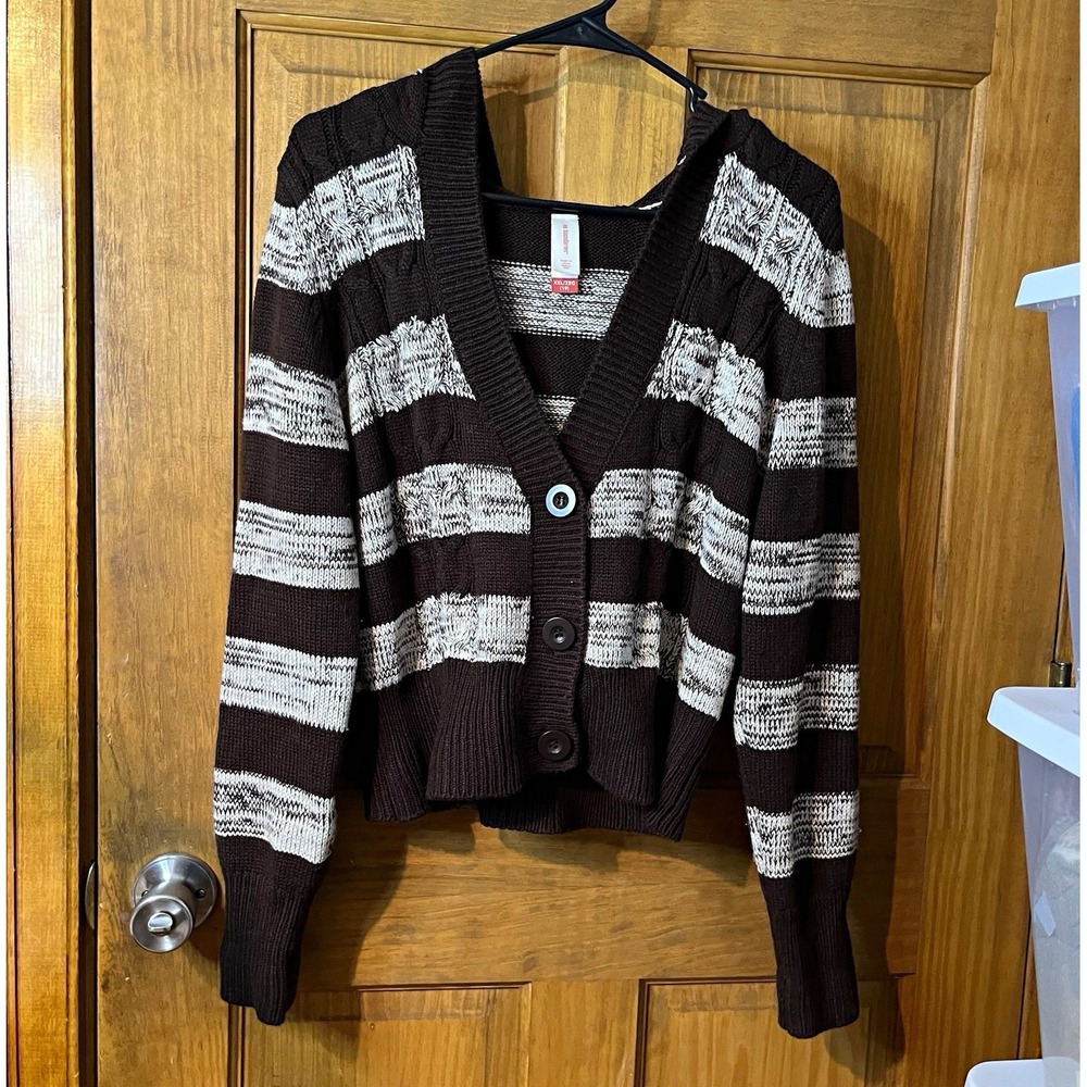 No Boundaries Women's XXL Brown Striped Knit Hooded Cardigan Sweater Crop Y2K
